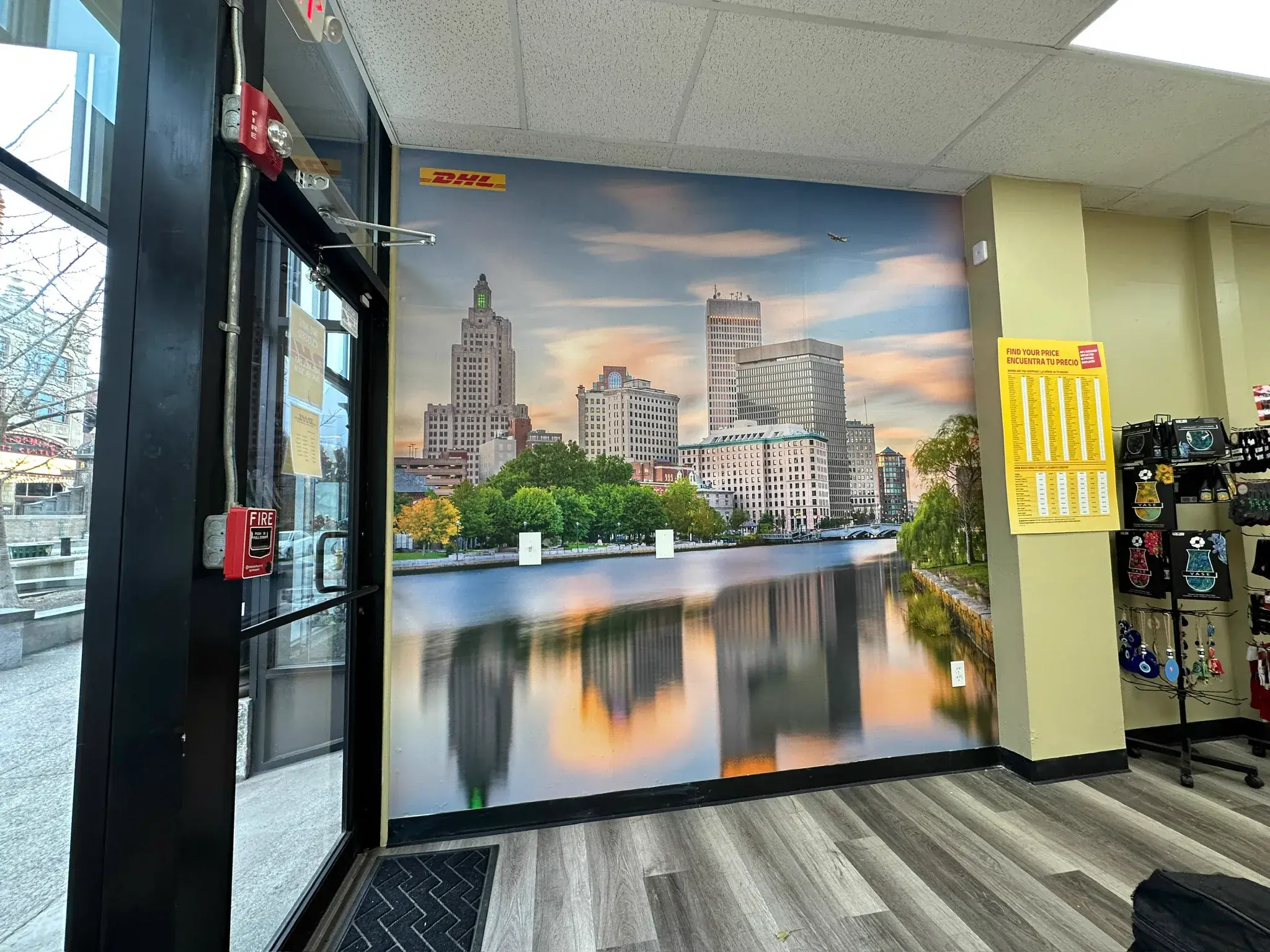 DHL Providence skyline wall mural in a shipping storefront