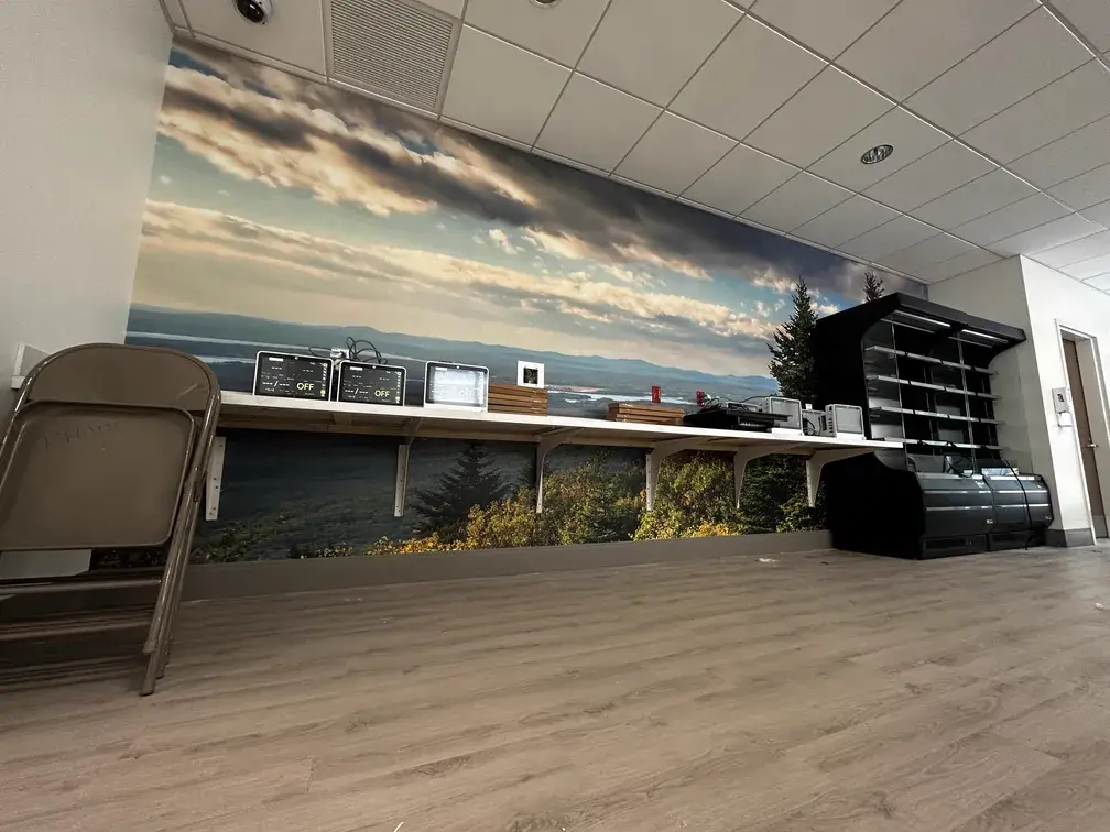 Landscape photography wall mural in a break room