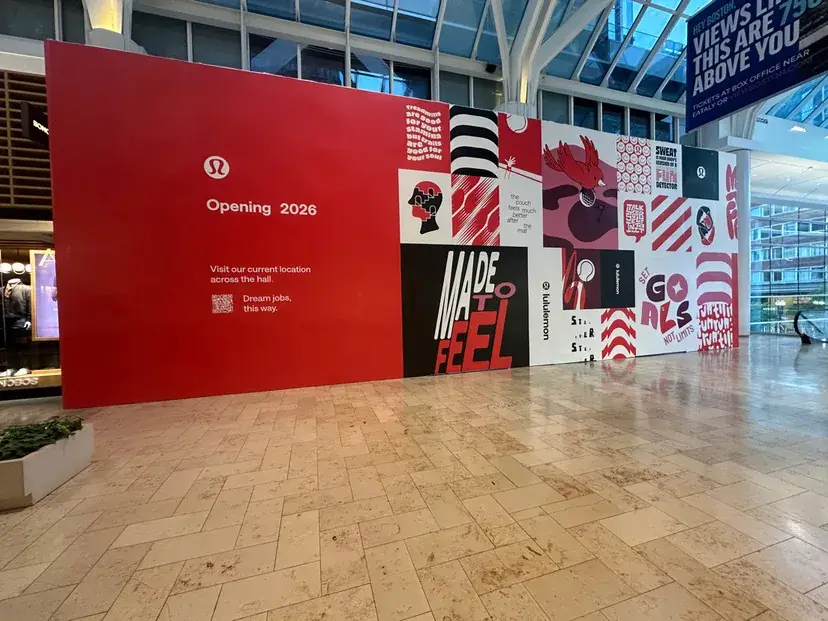 lululemon Opening 2026 hoarding in a shopping centre atrium
