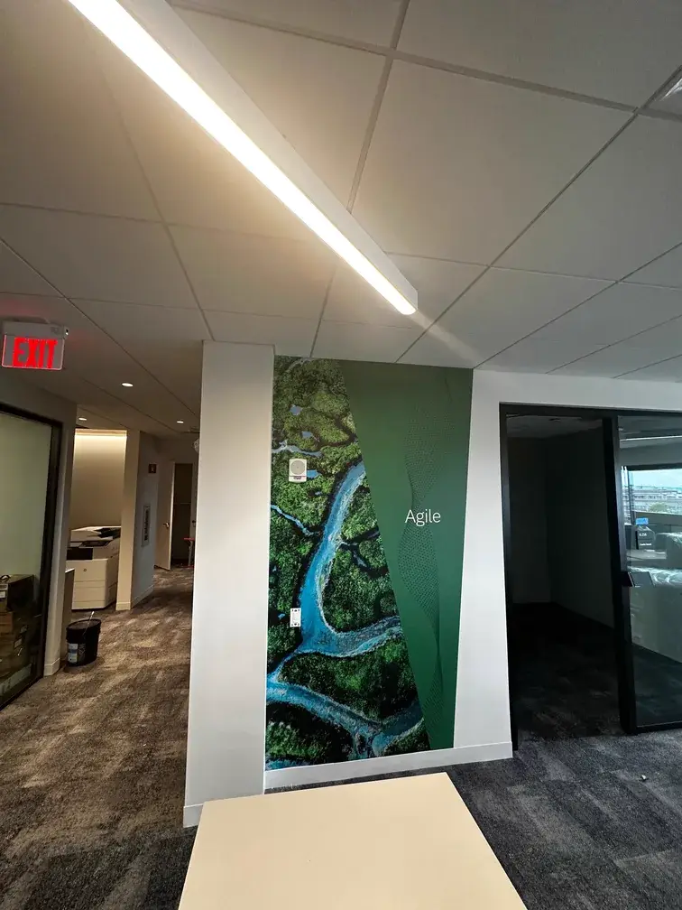Office wall mural reading Agile with an aerial river photograph